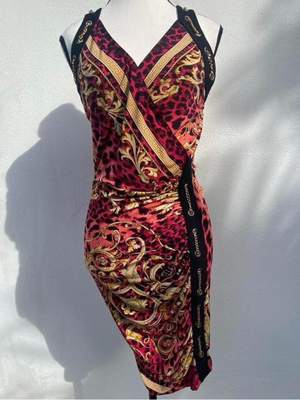 Y2K Pink Gold & Black Leopard Baroque Chain Surplice Bodycon Dress Size Small